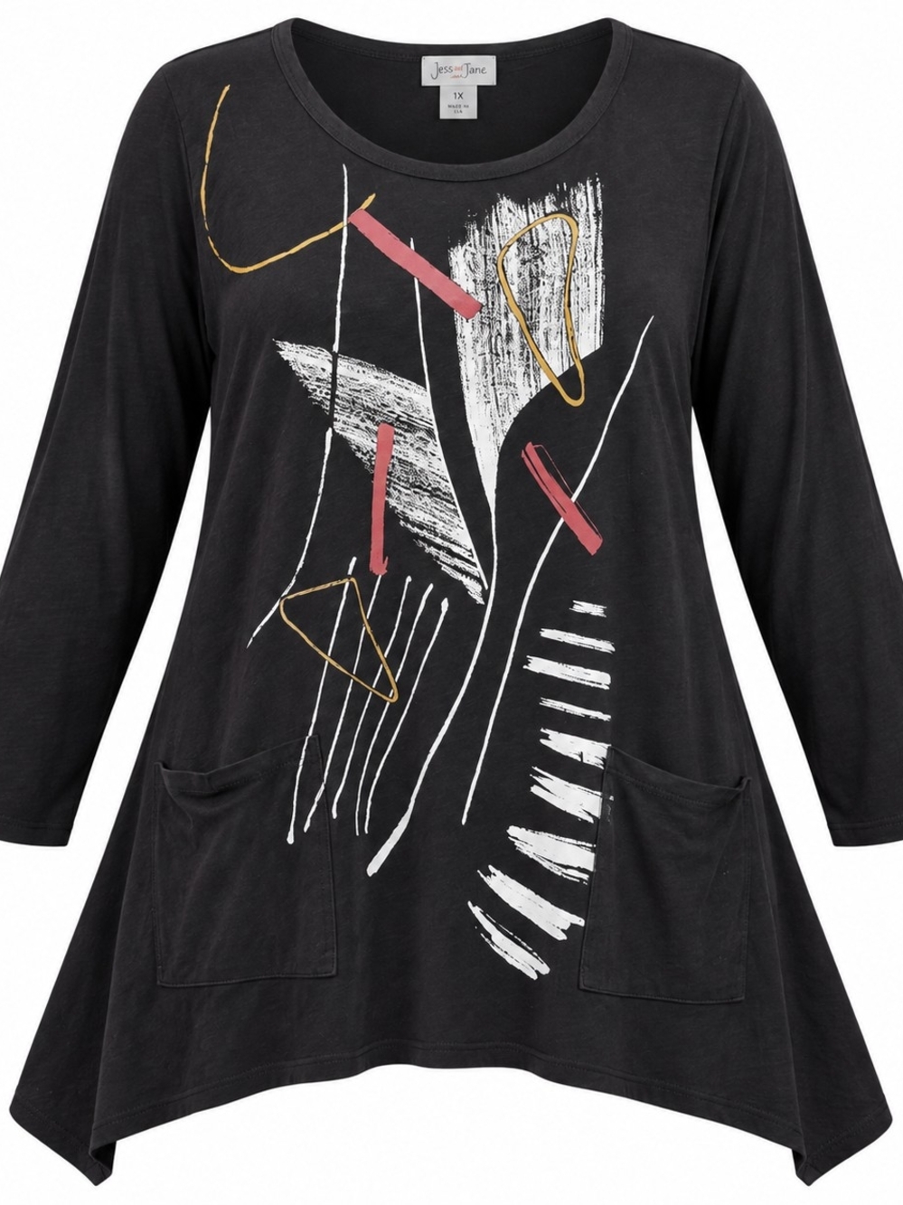 JESS & JANE | Black Abstract Art Swing Tunic Pockets Sharkbite Hem Plus | 1X